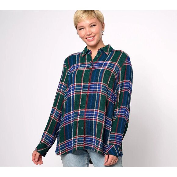 Denim & Co. Waffle Weave Button Plaid Shirt DARK SPRUCE PLAID X-SMALL A619763 - Picture 1 of 1